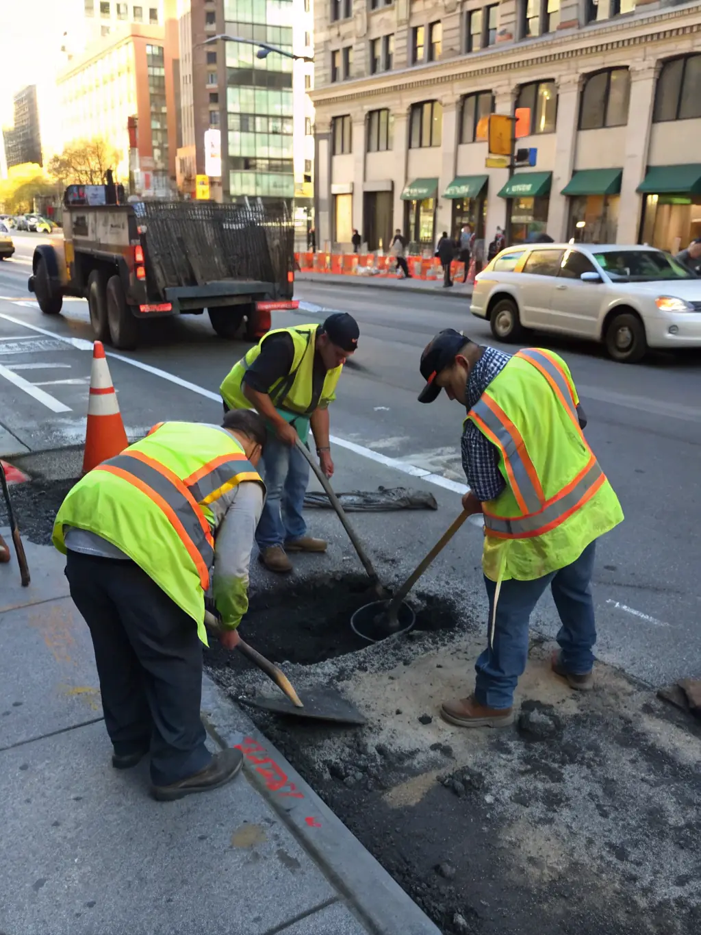 A worker using specialized equipment to repair a pothole in a road, with clear signage indicating ongoing road maintenance, highlighting Epav'Express's commitment to road repair and maintenance.