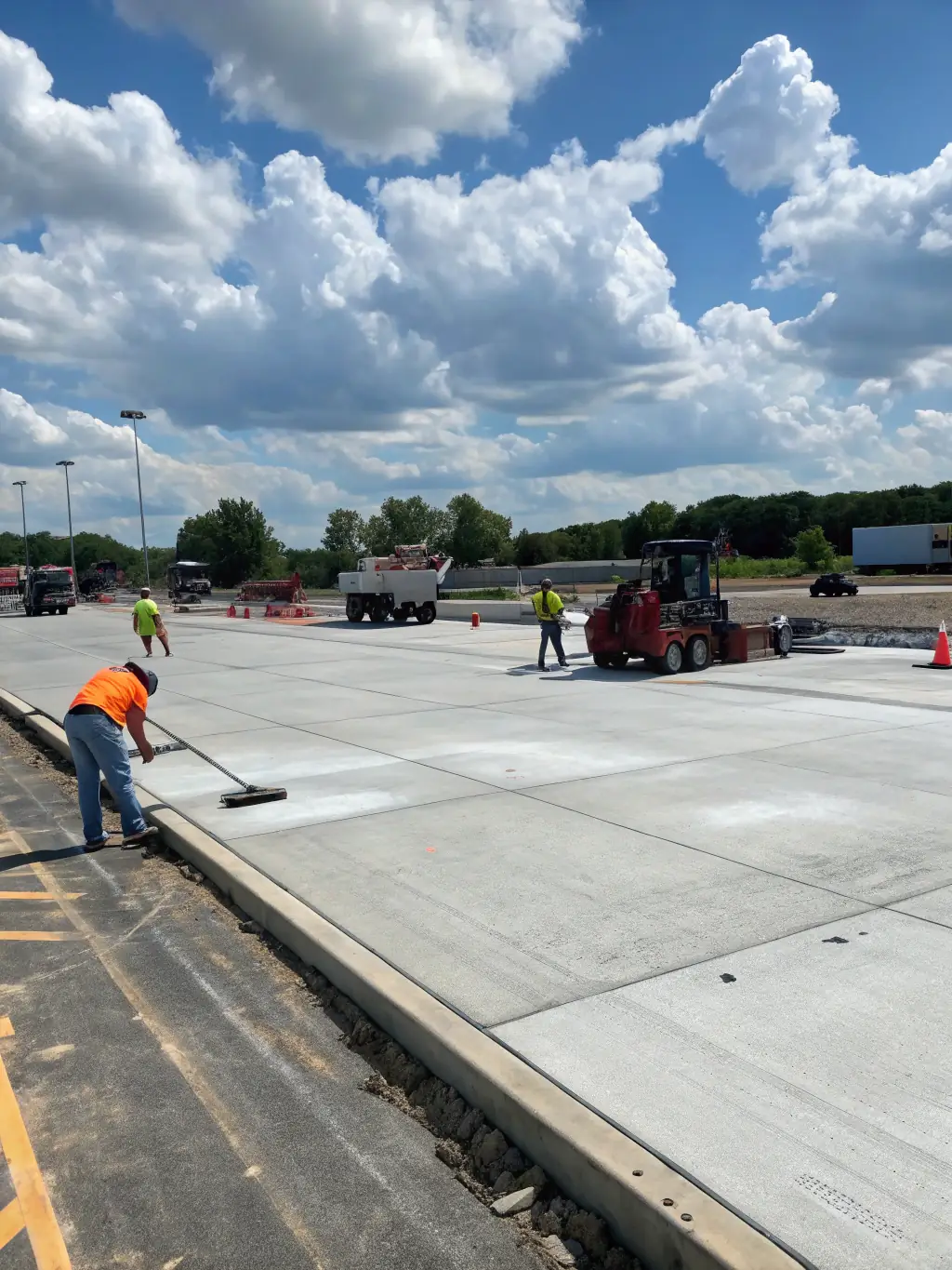A close-up of a commercial parking lot being paved, with heavy machinery in the background and workers in safety vests, illustrating the scale and efficiency of Epav'Express's commercial paving operations.