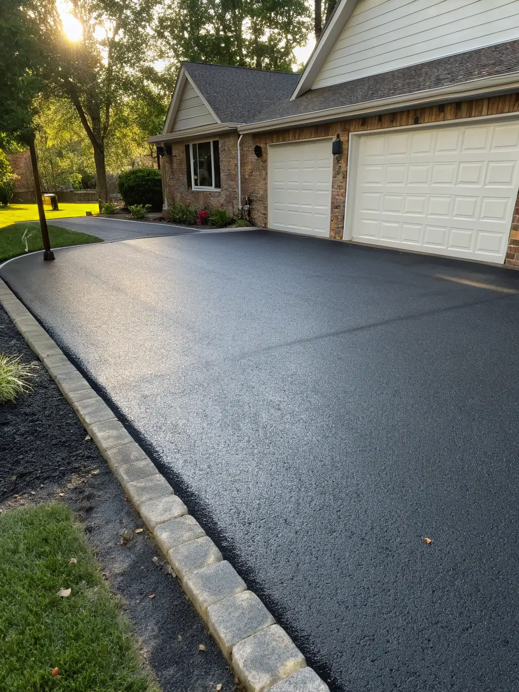 A high-angle shot of a freshly paved driveway, showcasing the smooth, even surface and clean edges, taken on a sunny day to emphasize the quality of Epav'Express's residential paving services.
